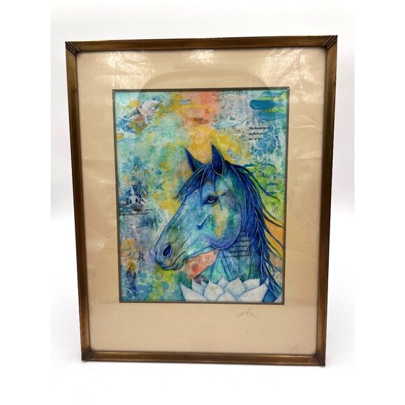 Colorful Horse Watercolor Print In Vintage Brass Frame